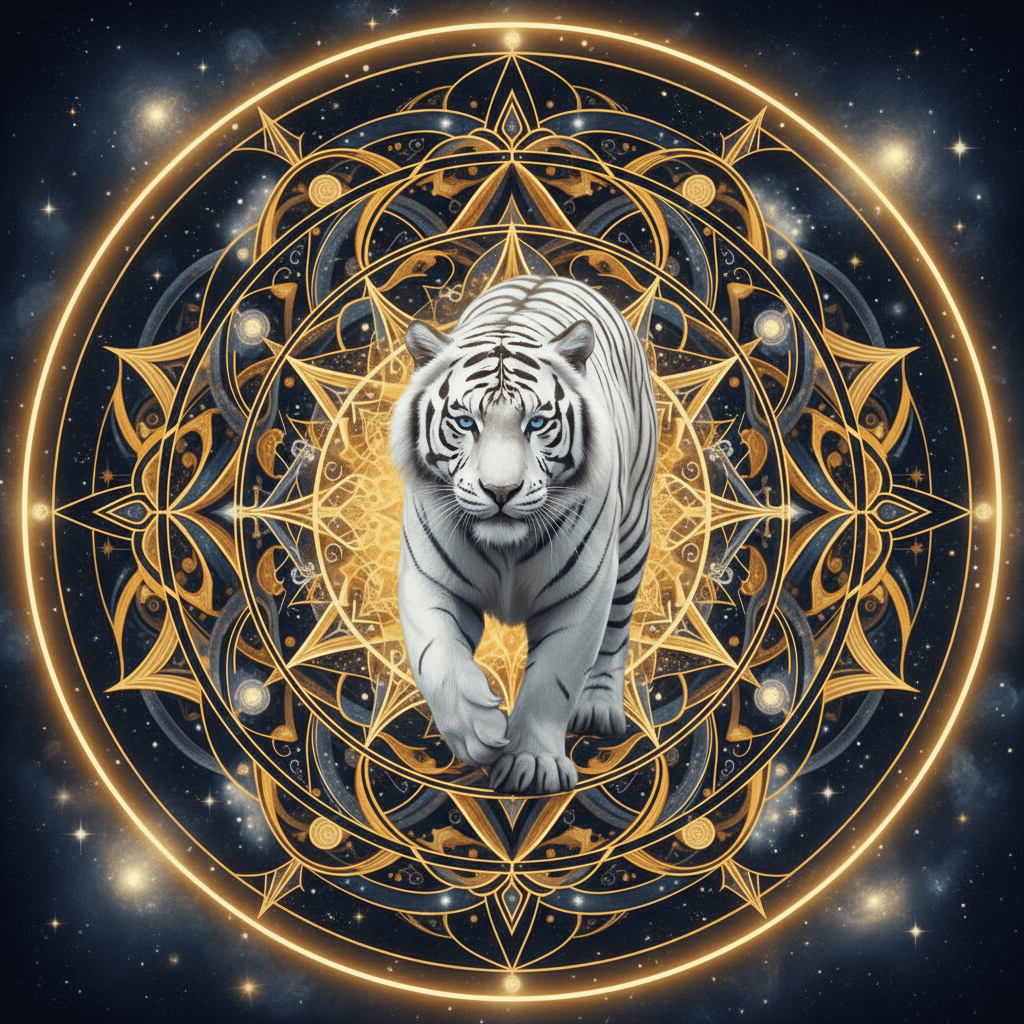 A majestic white tiger at the center of a Celestial Mandala Odyssey, surrounded 
