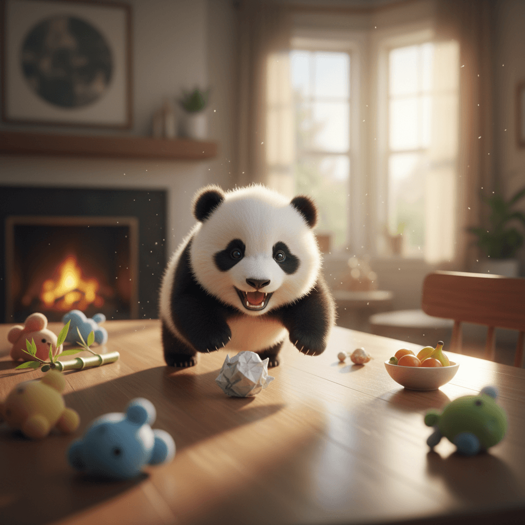 cute tiny panda running on a table playing and laughing.