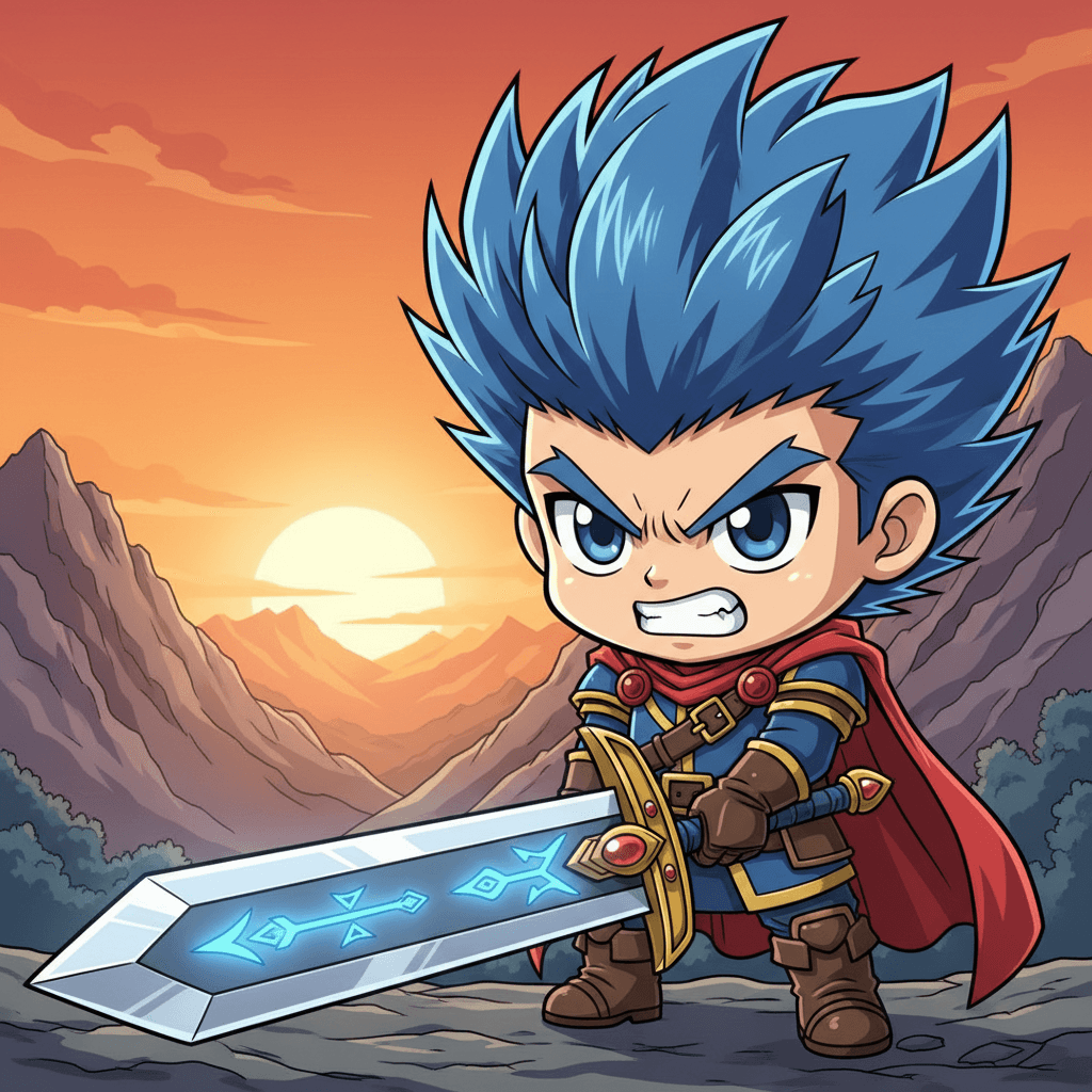 Chibi boy with spiky blue hair, holding a giant sword bigger than himself, deter