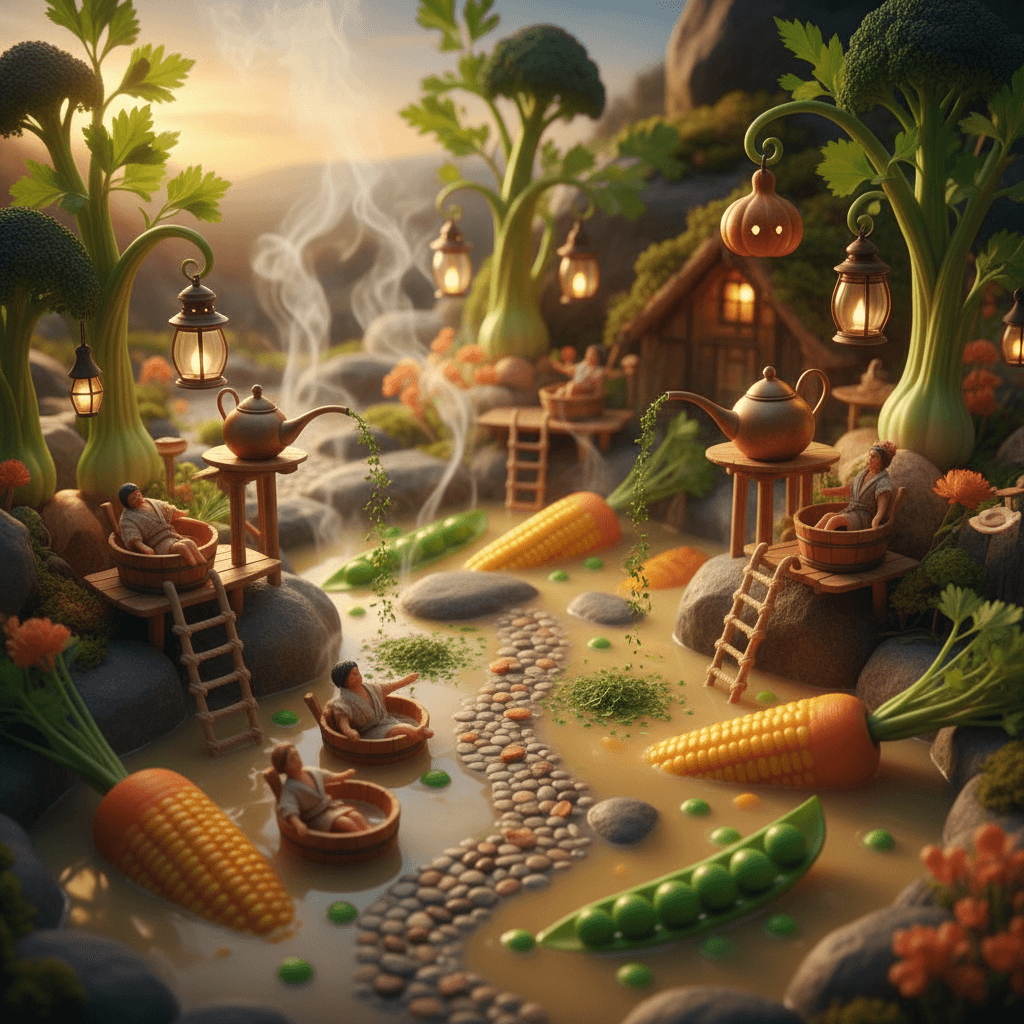 A cozy miniature village built around bubbling hot springs of vegetable soup. Ti