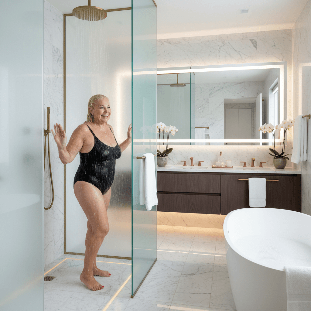 una donna di 60 anni bionda chubby con smalto rosso su mani e piedi, che sta fac