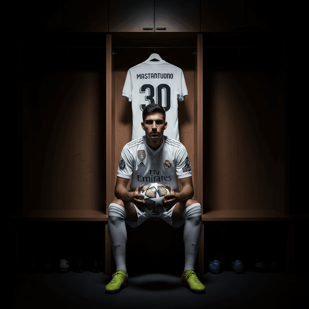 A hyper-realistic studio-style photograph of a football player exactly looking l