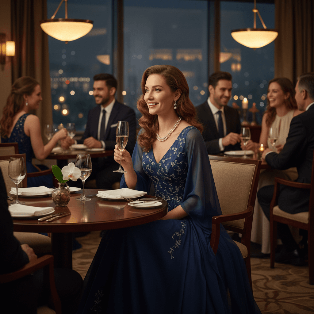 Elegant woman, wearing evening dress, sitting at a table in a fancy restaurant, 