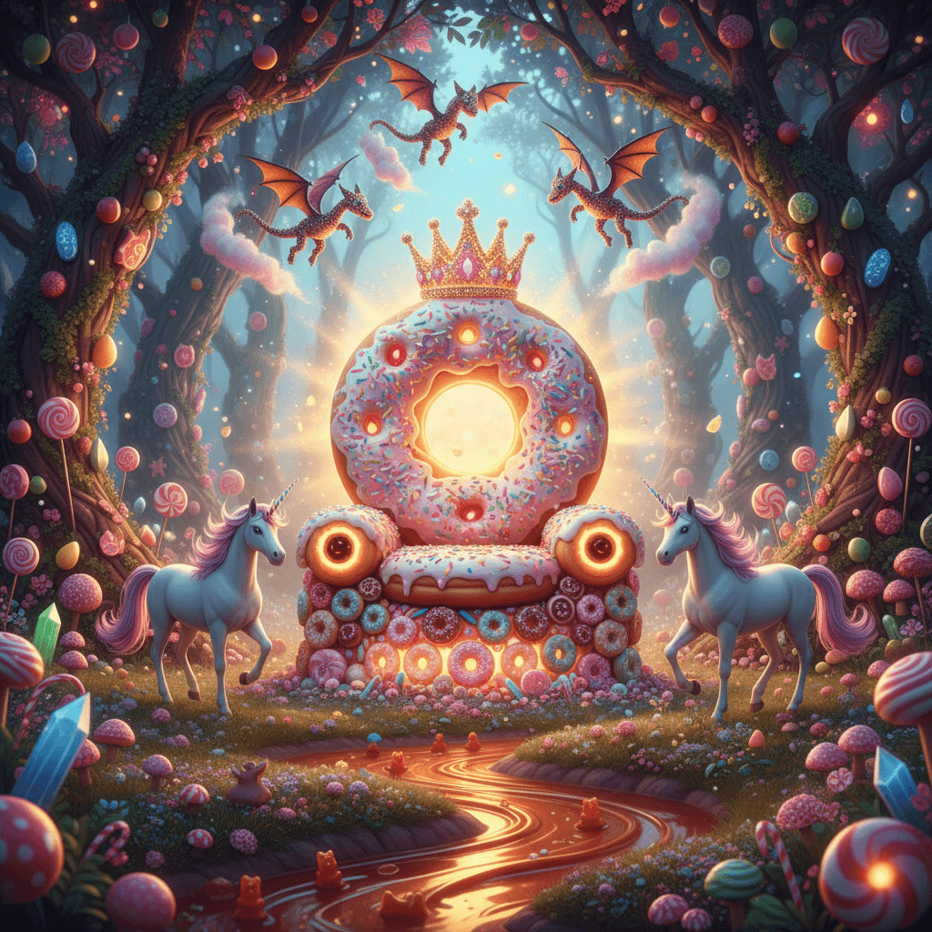 A glowing donut throne in an enchanted forest, surrounded by mystical creatures 