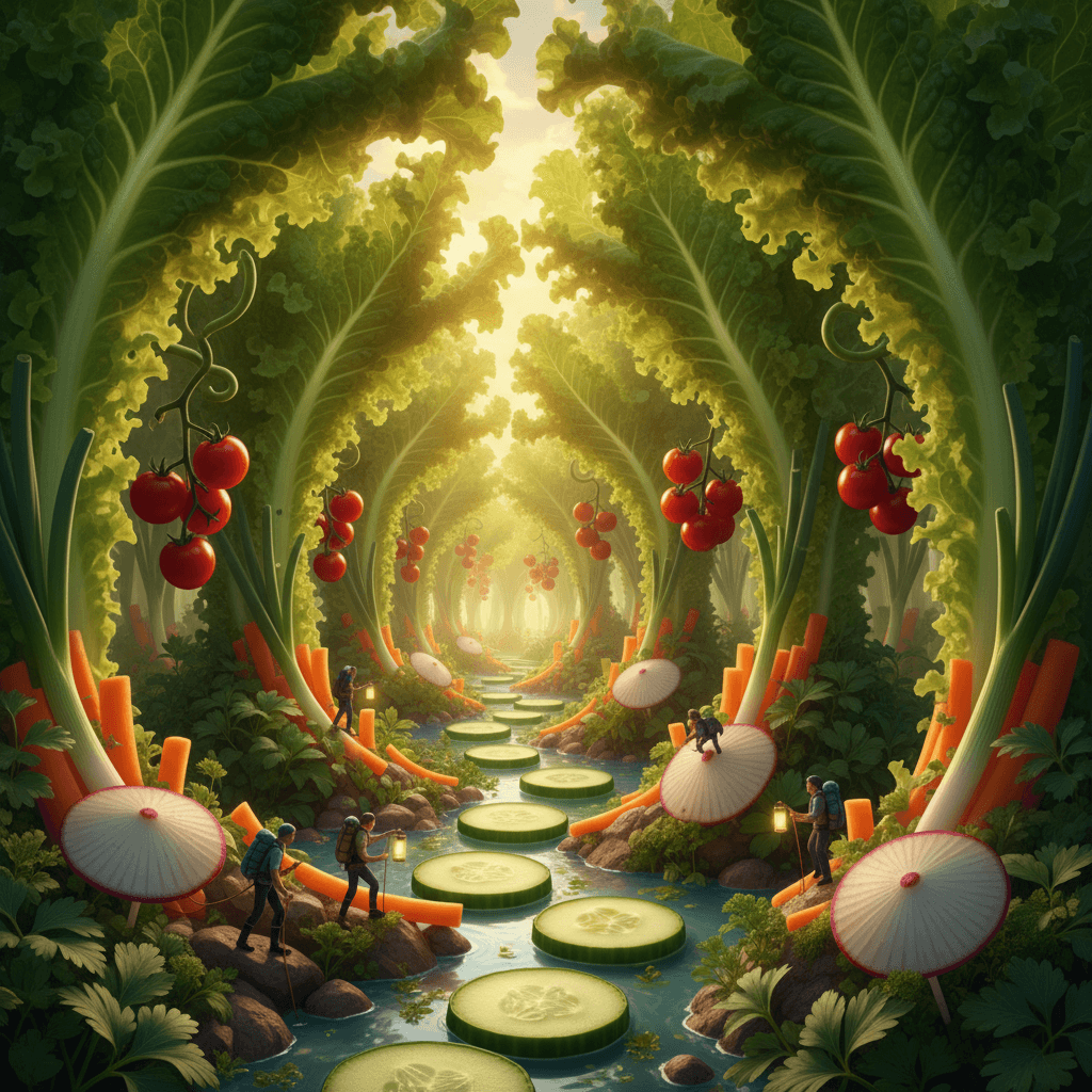 A vibrant miniature jungle where giant lettuce leaves form towering trees, cucum