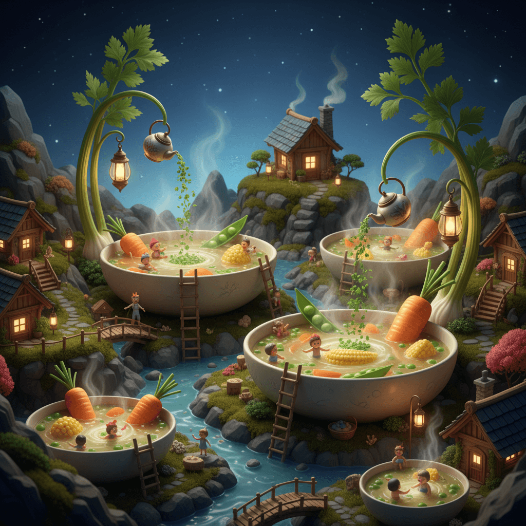 A cozy miniature village built around bubbling hot springs of vegetable soup. Ti