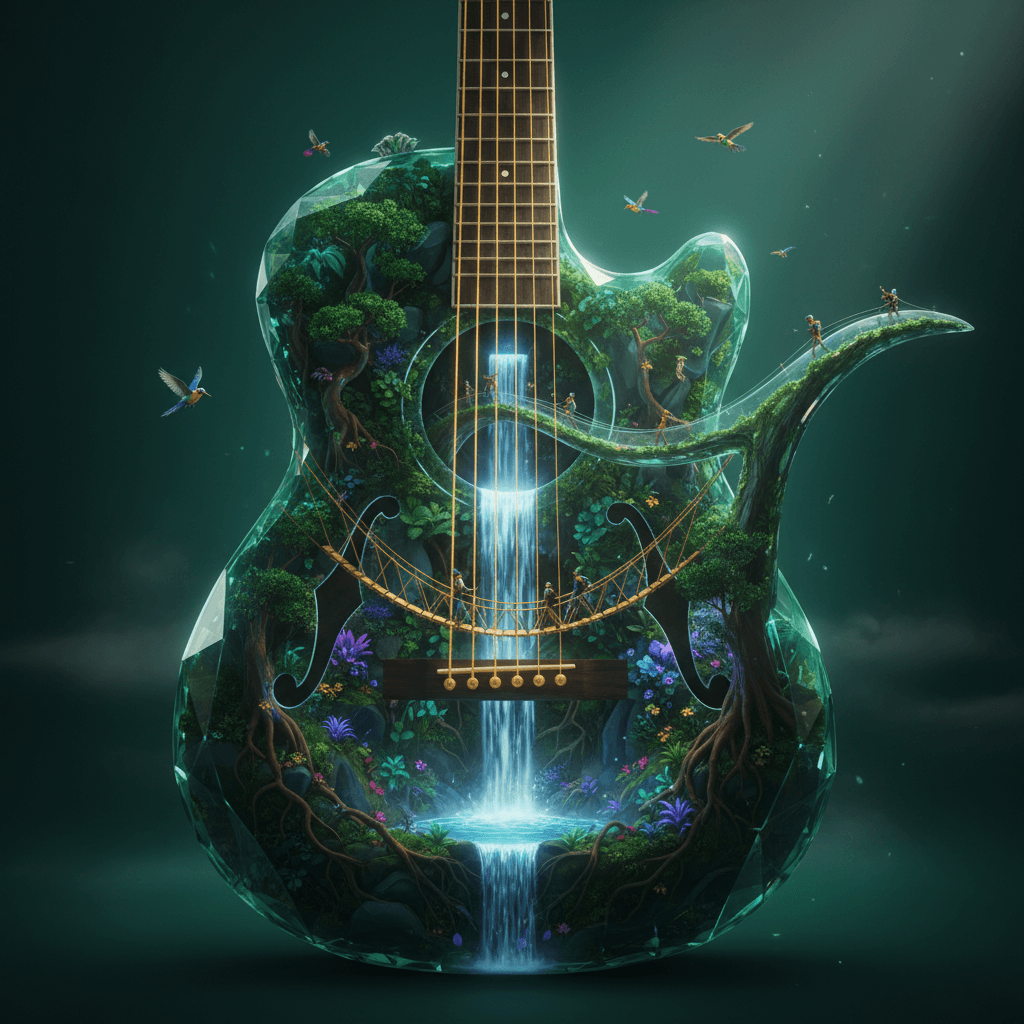 Photorealistic fantasy art, massive translucent emerald guitar housing lush mini