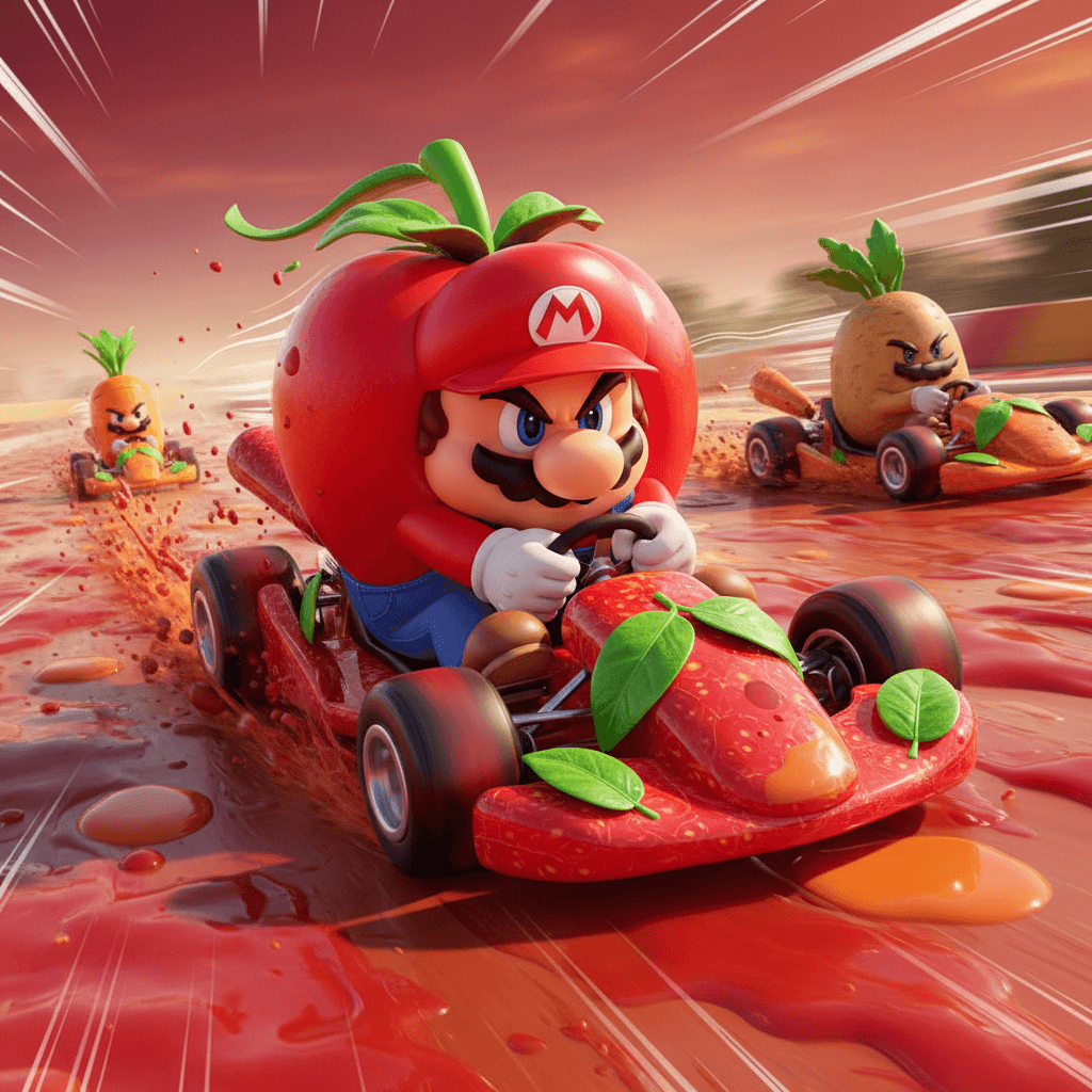   {
    "title": "Mario Tomato Racing in Ketchup Kart",
    "prompt": "Mario T