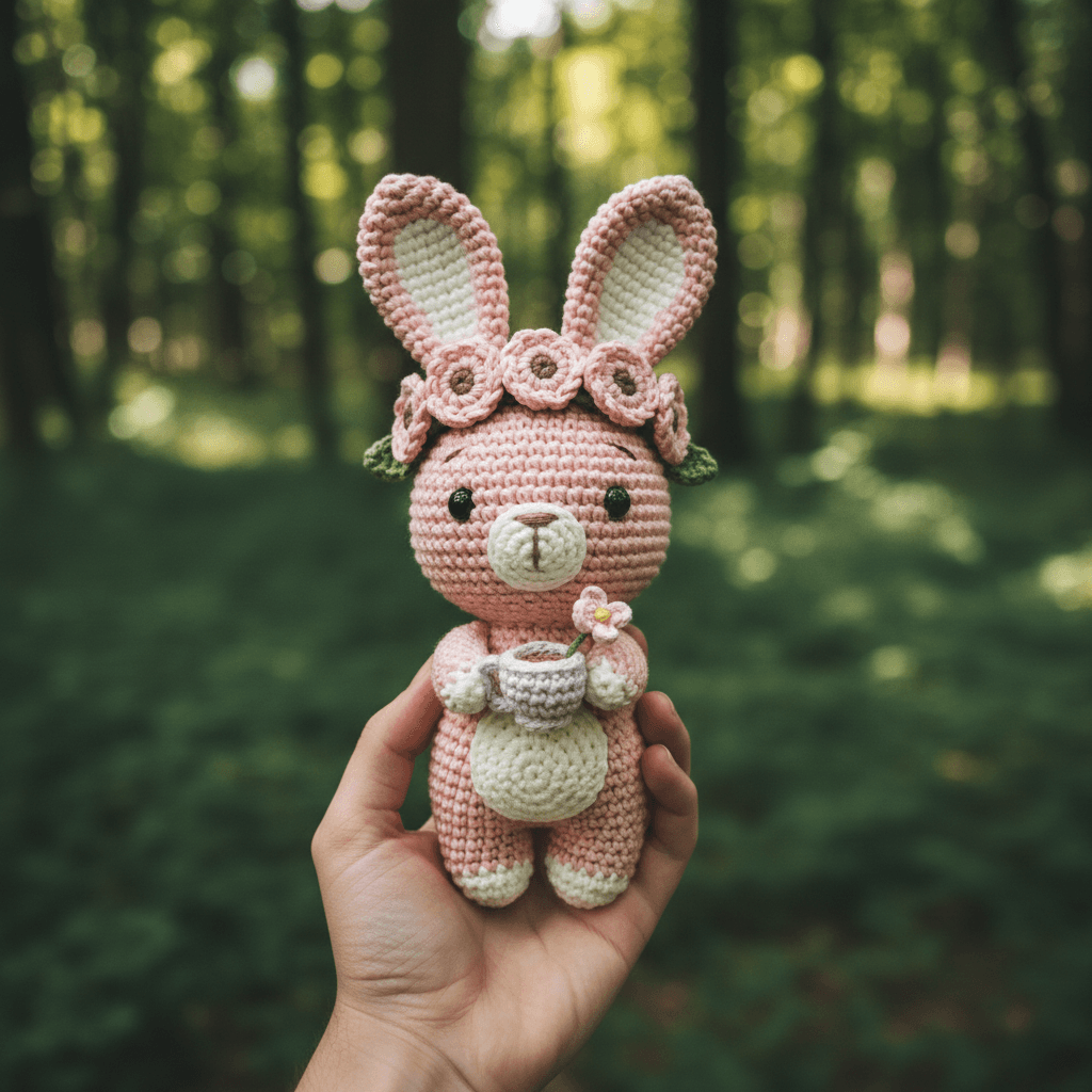 A close-up of a crocheted bunny toy in pastel pink and ivory white, held in a ha
