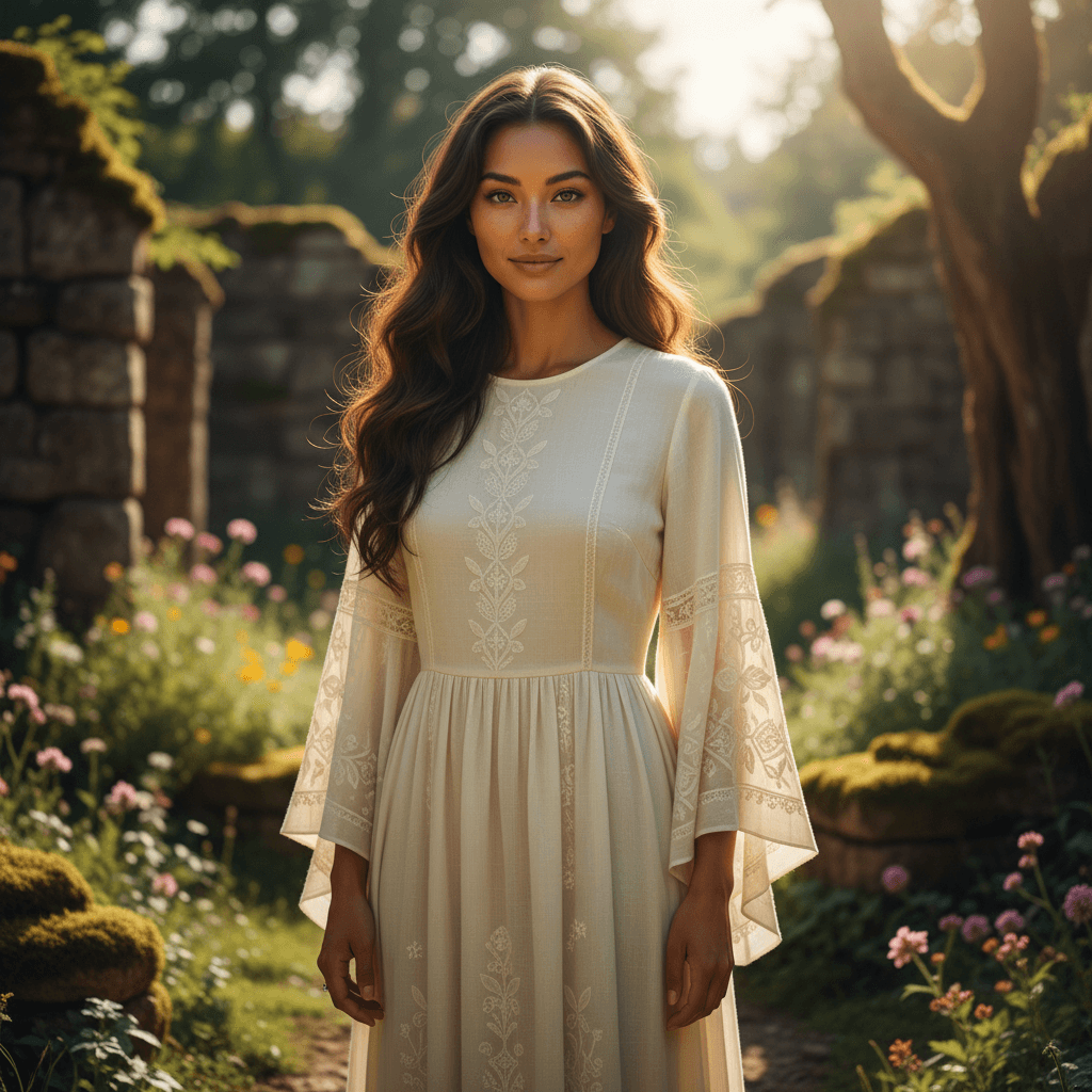 A unique female character: a graceful woman in her mid-20s with almond-shaped ha