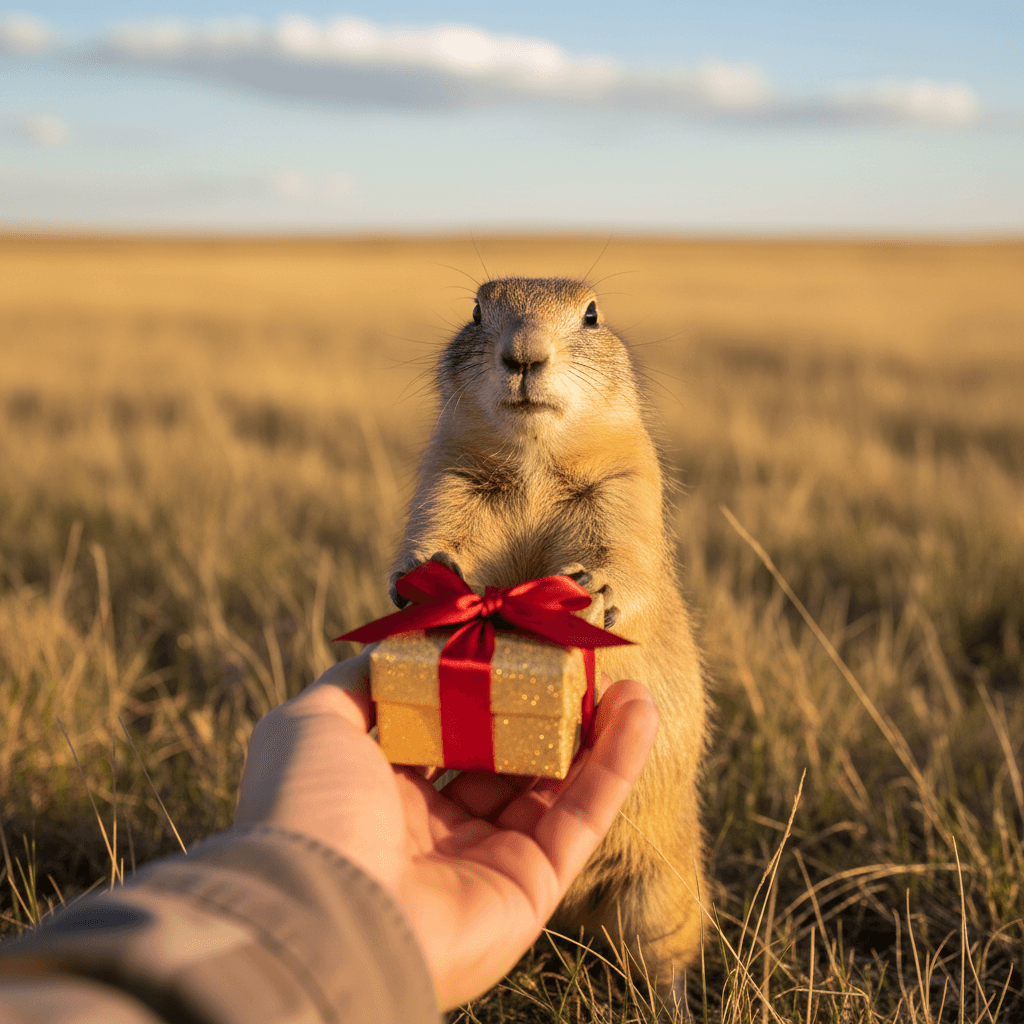 A prairie dog handing me a gift box wrapped with a nice ribbon