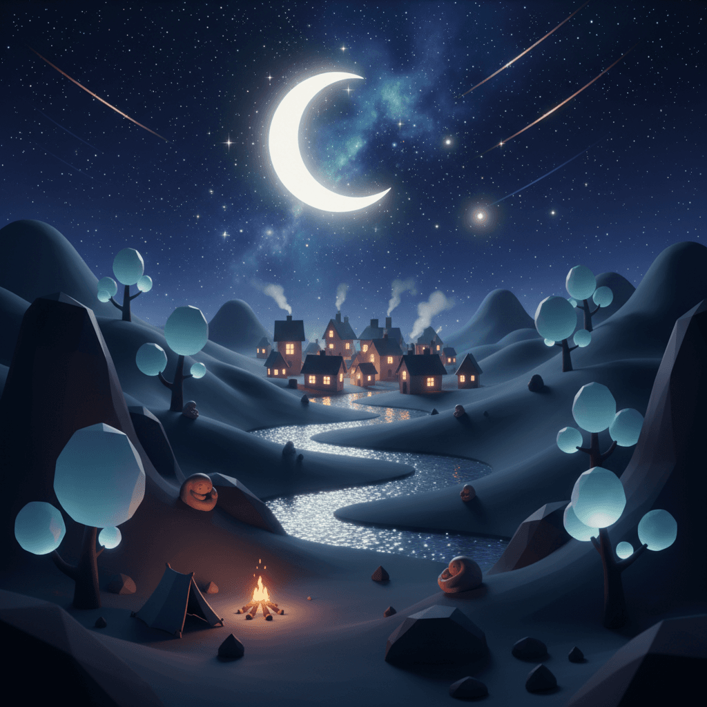 A stunning starry night in a 3d landscape with a sleepy little village in the ba