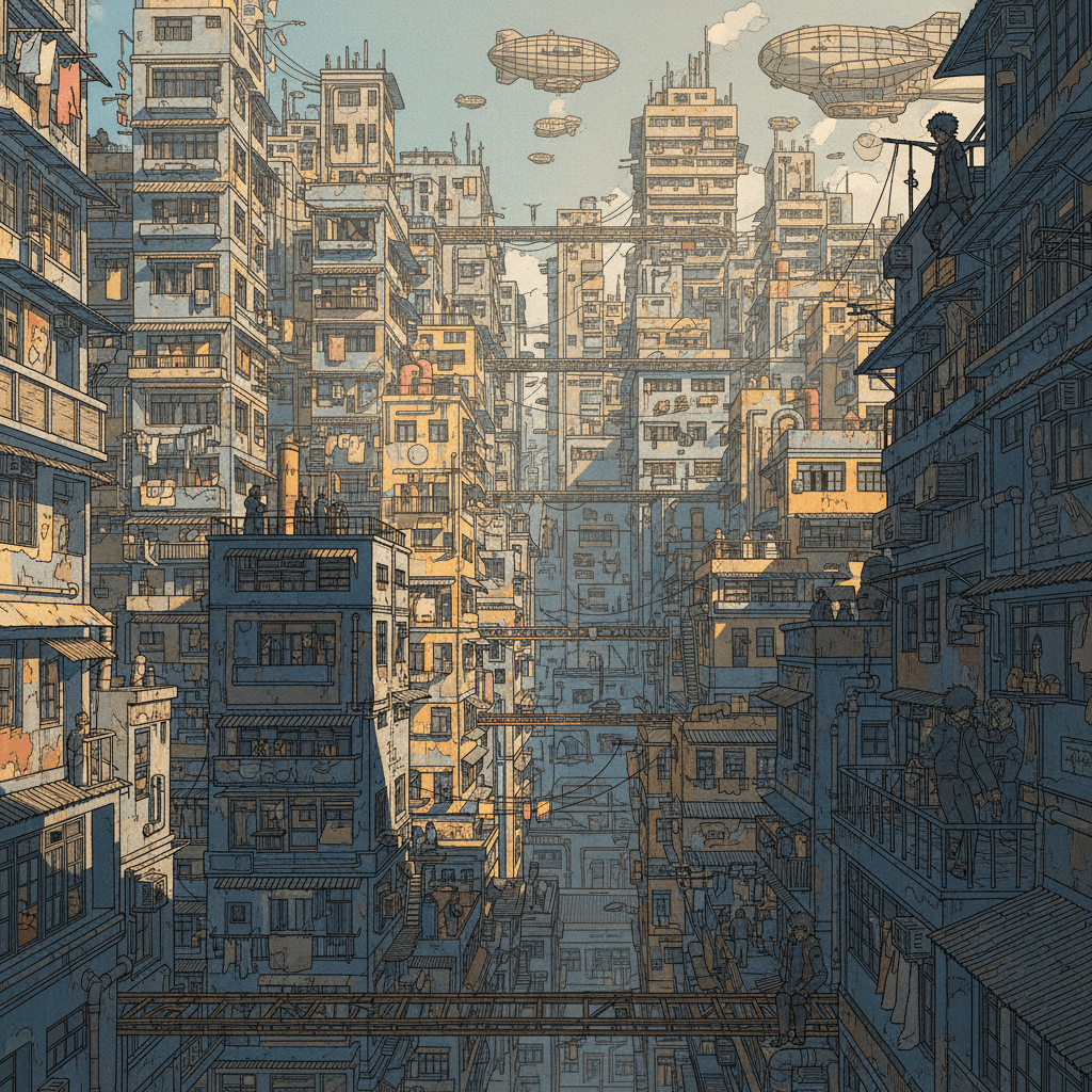 ciudad de kowloon de dia en estilo cell shading y anime de los años 90 como akir