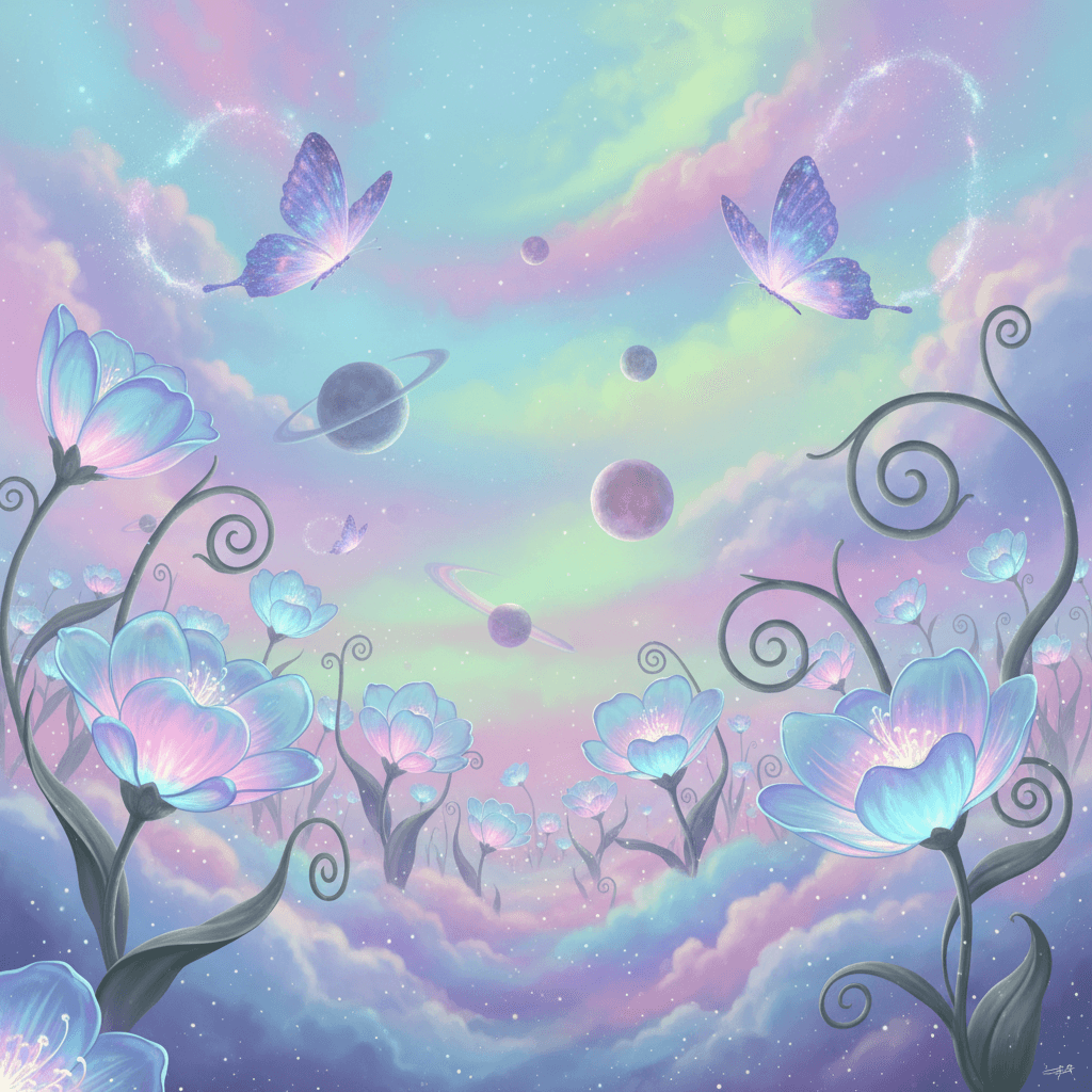 A surreal celestial garden with flowers with translucent glowing petals, vines c