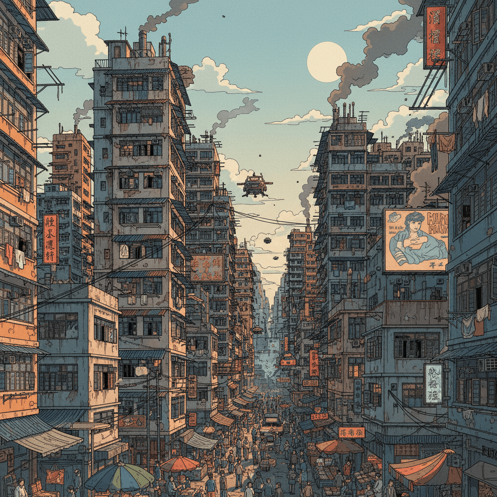 ciudad de kowloon de dia en estilo cell shading y anime de los años 90 como akir