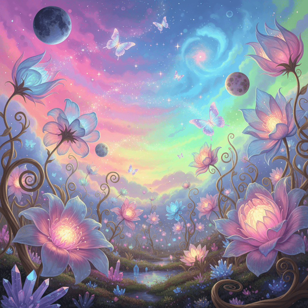 A surreal celestial garden with flowers with translucent glowing petals, vines c