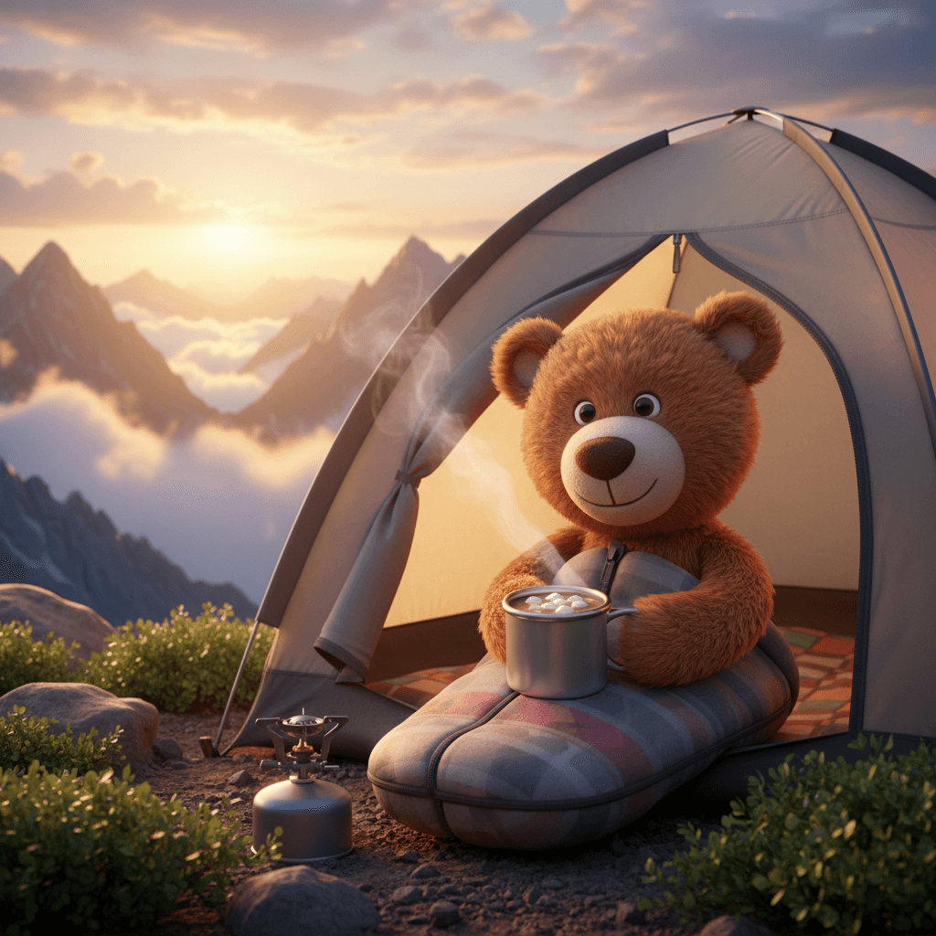 A cute 3D Pixar-style teddy bear waking up in a small tent on a mountain top at 