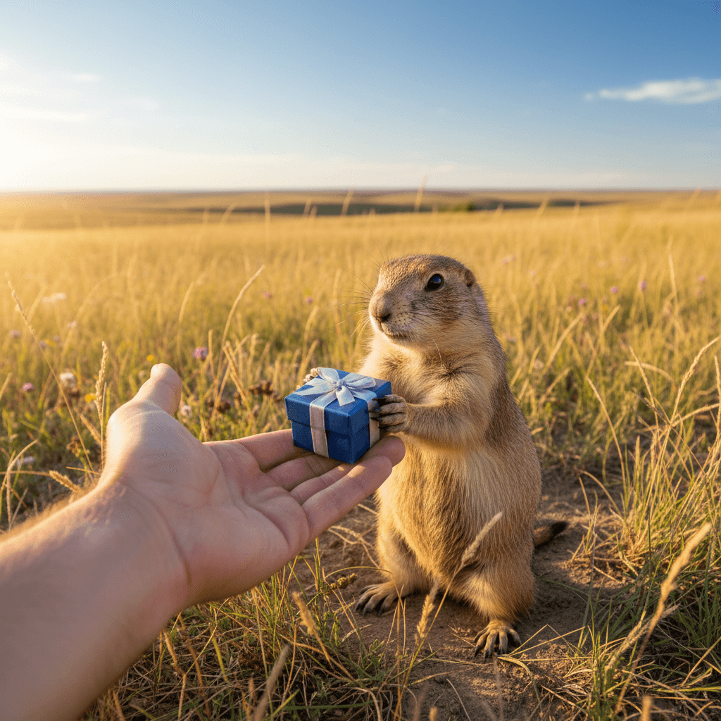 A prairie dog handing me a gift box wrapped with a nice ribbon