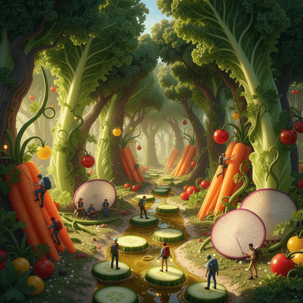 A vibrant miniature jungle where giant lettuce leaves form towering trees, cucum