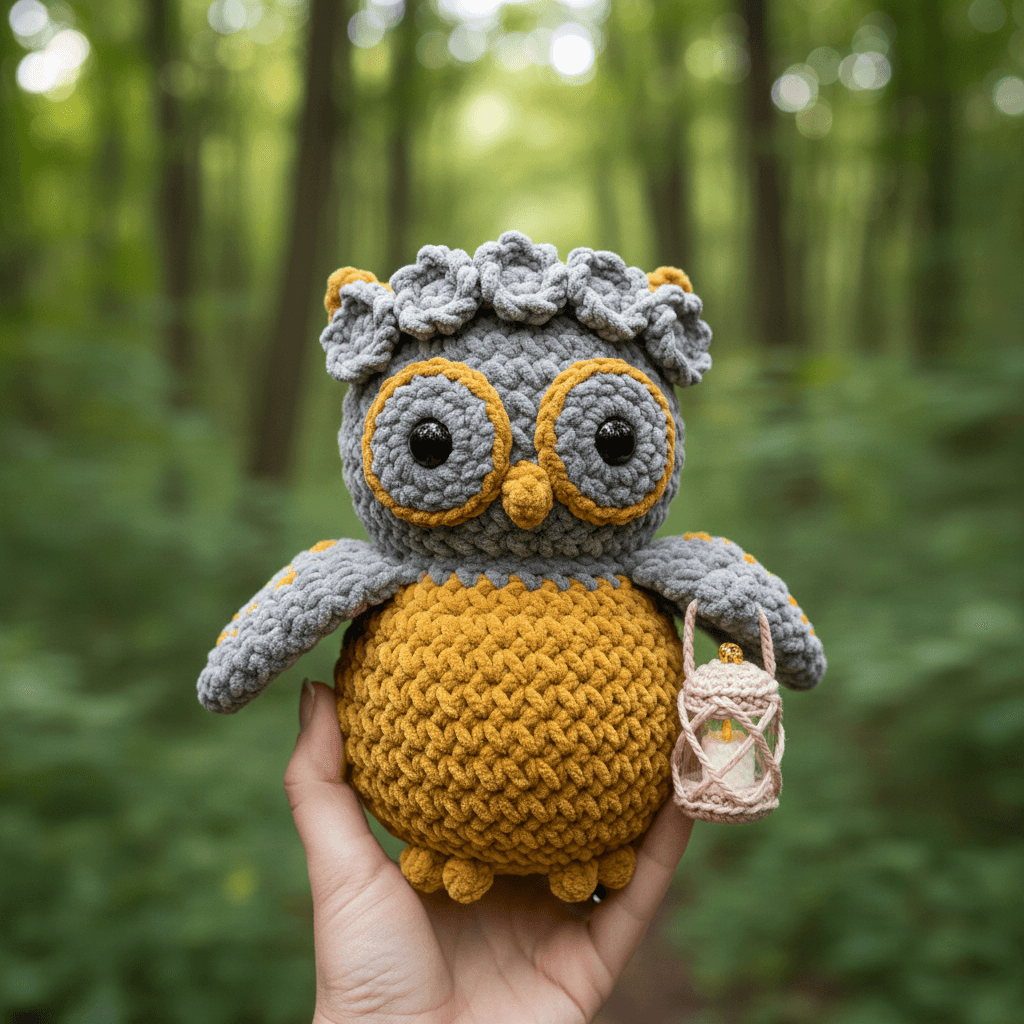 A close-up of a crocheted owl toy in soft grey and mustard yellow, held in a han
