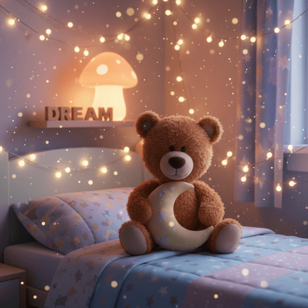 A 3D Pixar-style teddy bear sitting on a child’s bed under a soft glowing night 