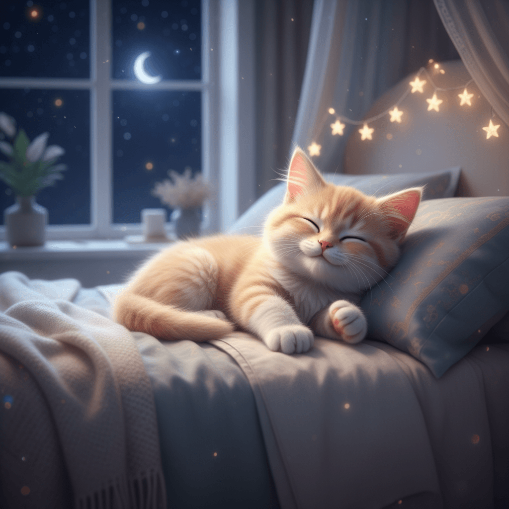 A gentle, fluffy cream-and-peach kitten 🐱✨ napping on a bed with a soft smile, 