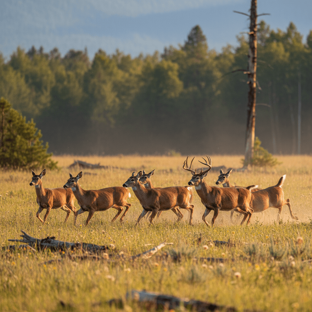 Ultra realistic photo of deers running in the wild taken from canon camera hdr