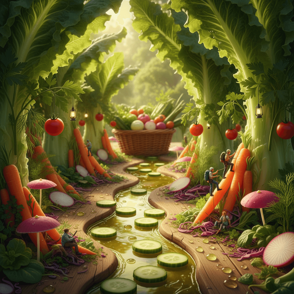 A vibrant miniature jungle where giant lettuce leaves form towering trees, cucum