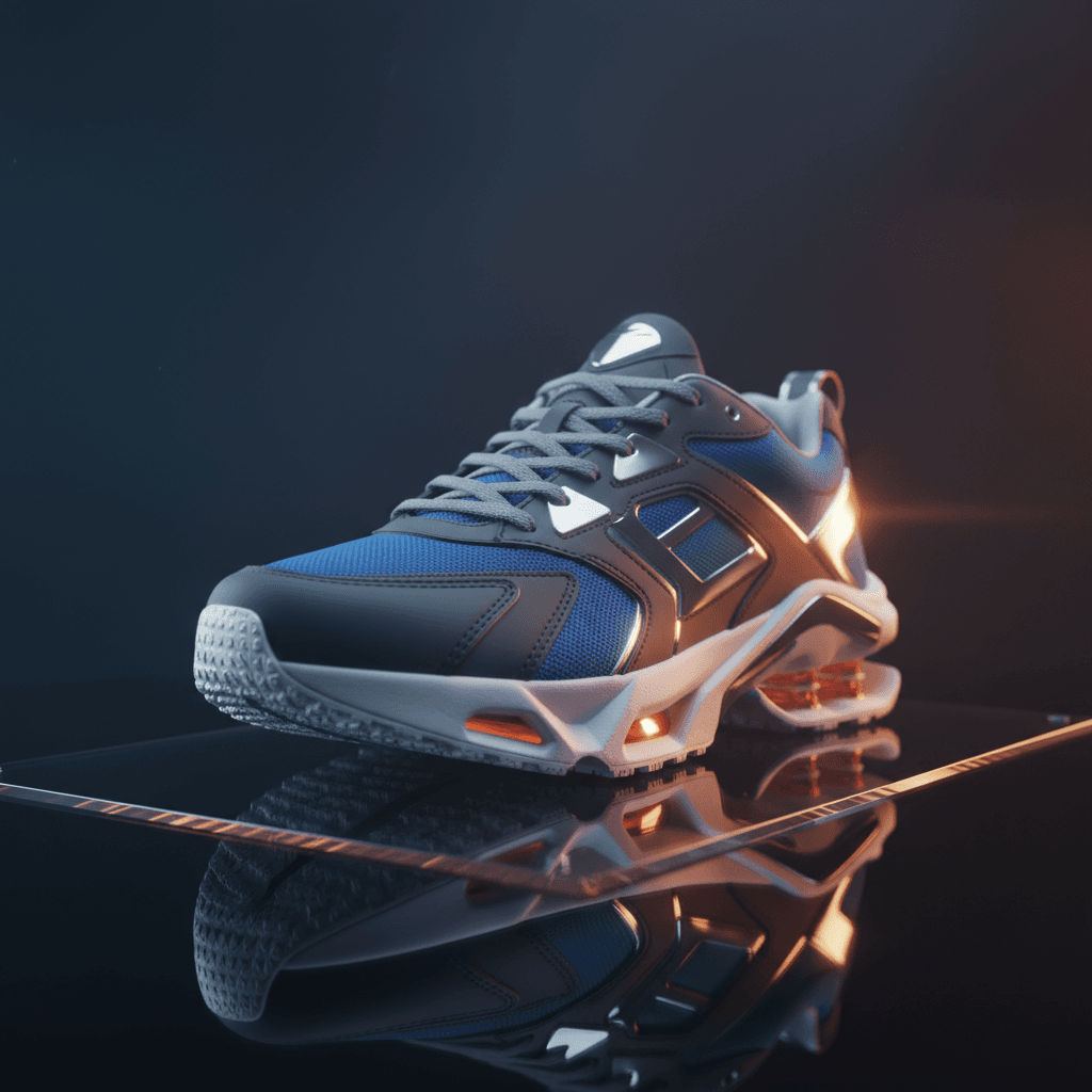 {
  "prompt": "Modern athletic sneaker on a glossy black acrylic surface, illum