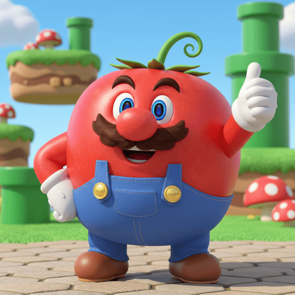  {
    "title": "Mario Tomato Hero Pose",
    "prompt": "A cute and vibrant 3