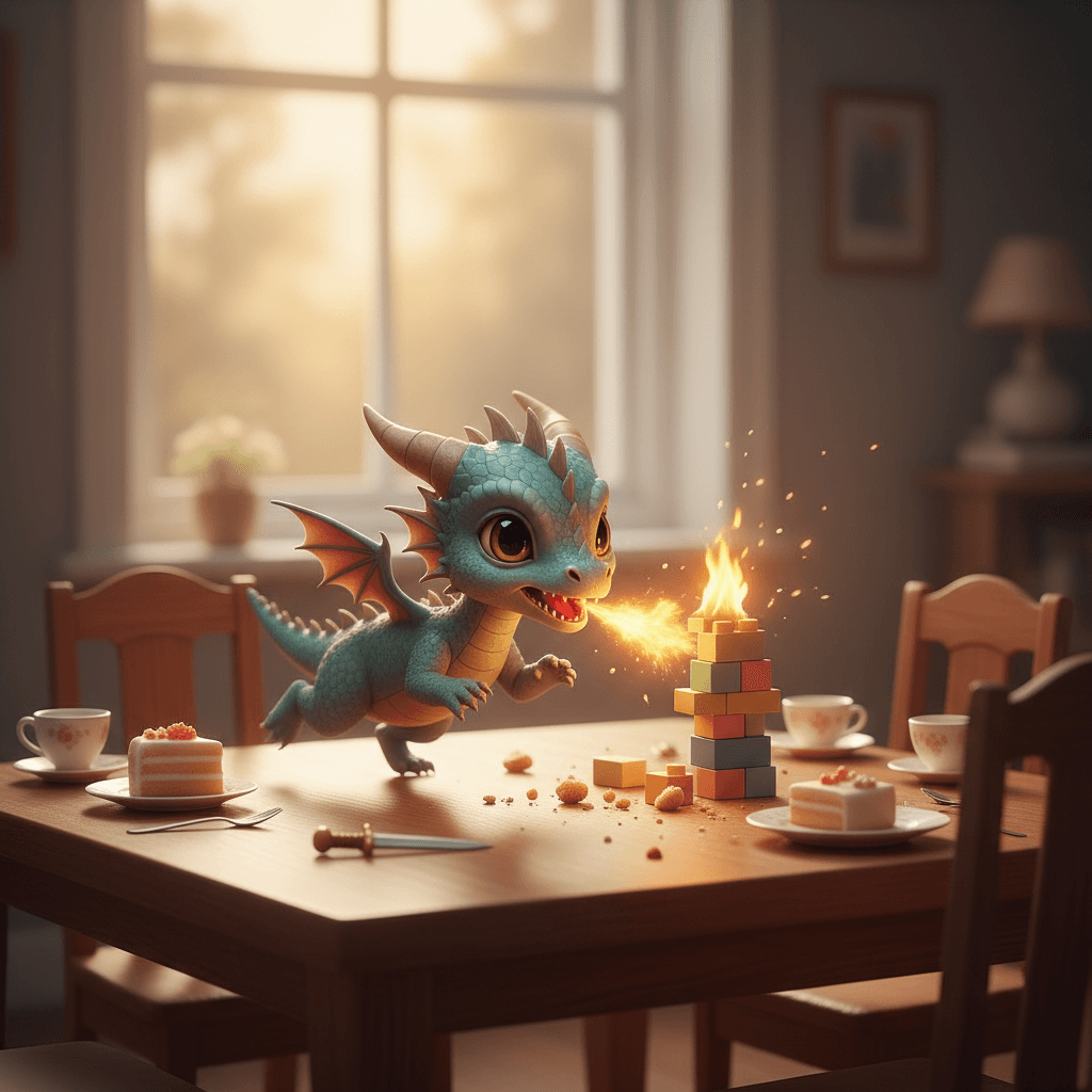 cute tiny dragon firing on a table and running.
