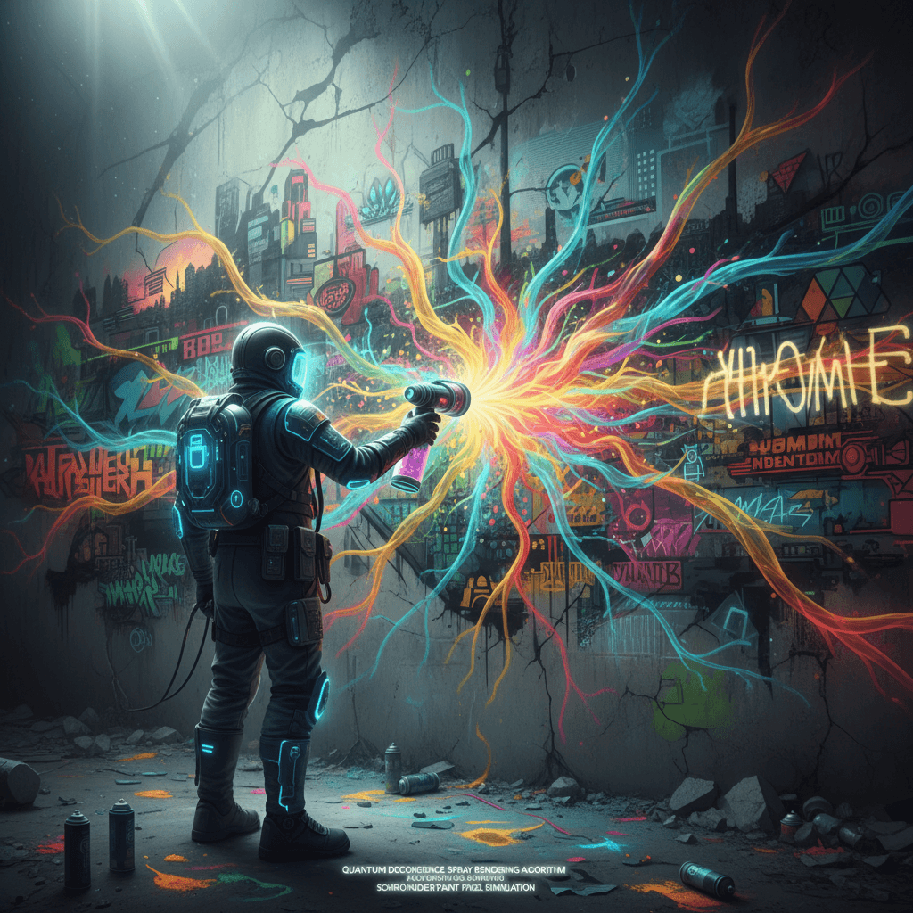 A graffiti artist wielding a quantum spray can, every spray stroke splitting int