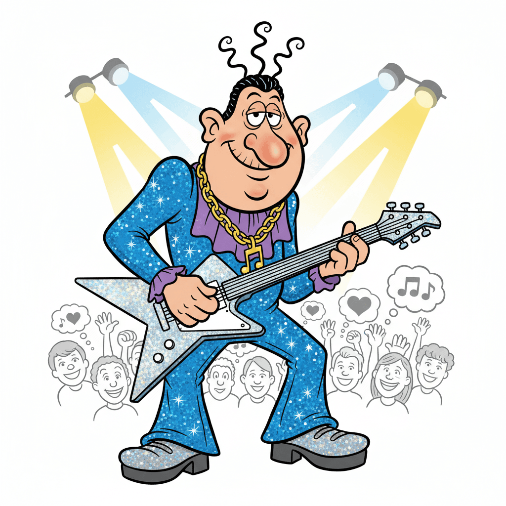 create a superficial cartoon chaarter with big nose three hairs and musician out