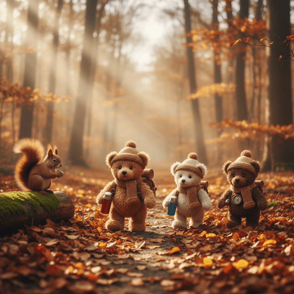 Three cute teddy bears hiking along a forest path covered with autumn leaves, ca