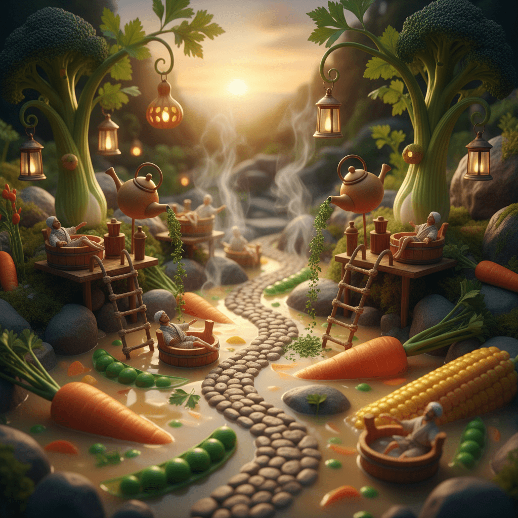 A cozy miniature village built around bubbling hot springs of vegetable soup. Ti