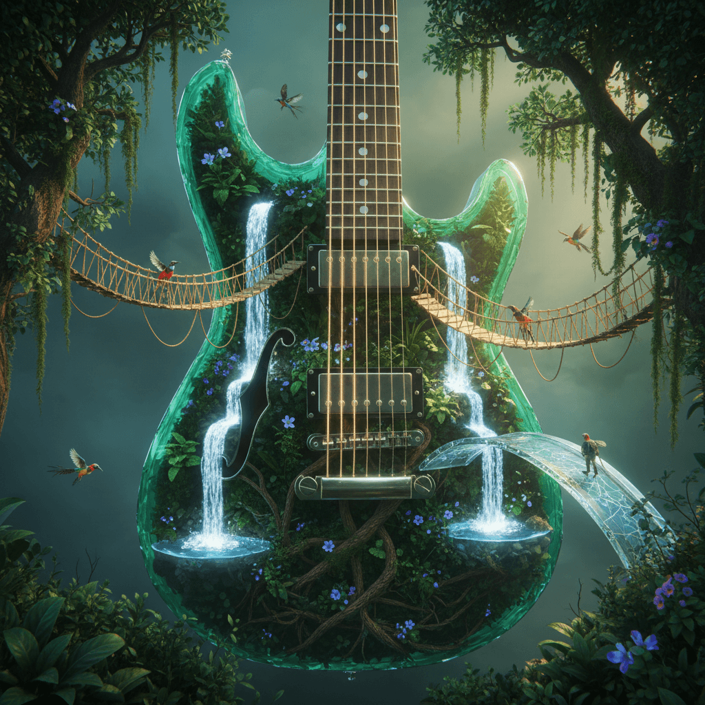 Photorealistic fantasy art, massive translucent emerald guitar housing lush mini
