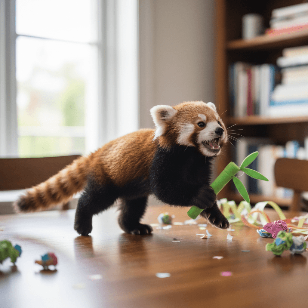 cute tiny panda running on a table playing and laughing.