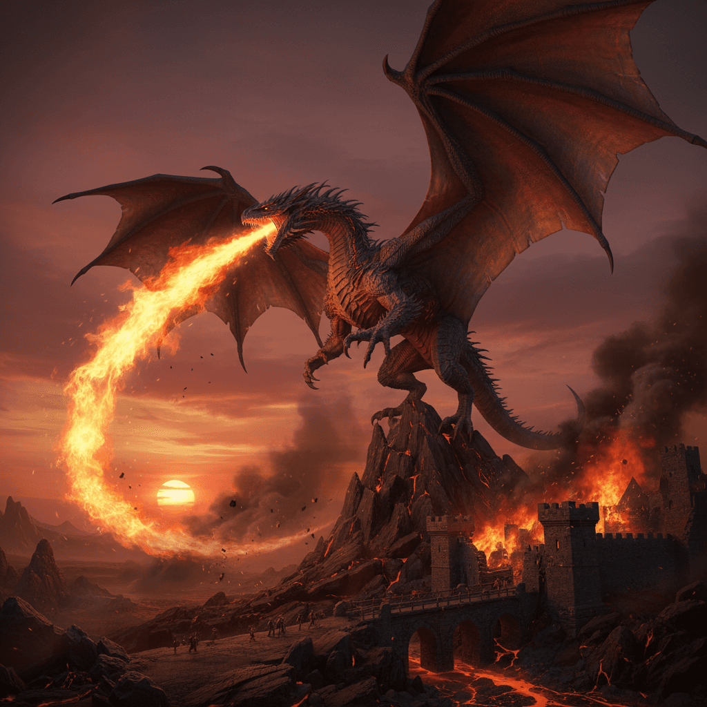Dragon with fire. Dramatic scene. 3d art. Cinematic shot. 