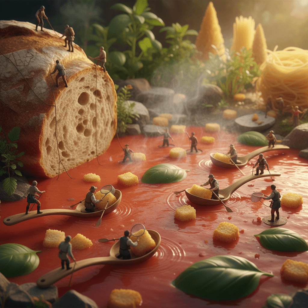 A whimsical miniature world where tiny villagers sail across a giant steaming la
